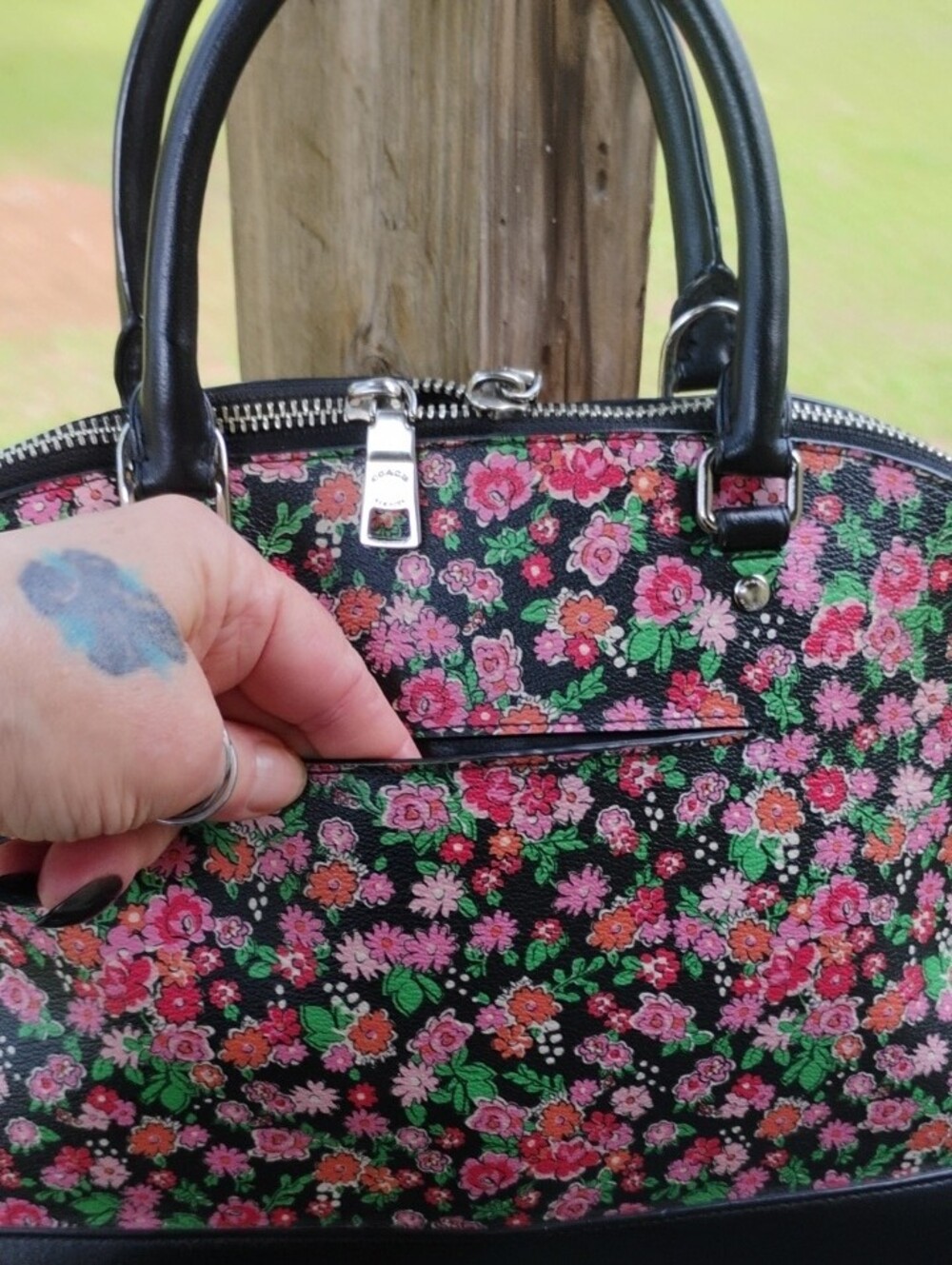 Coach Seira Full Size Floral Dome Satchel Handbag Crossbody Silver Hardware - Picture 5 of 14